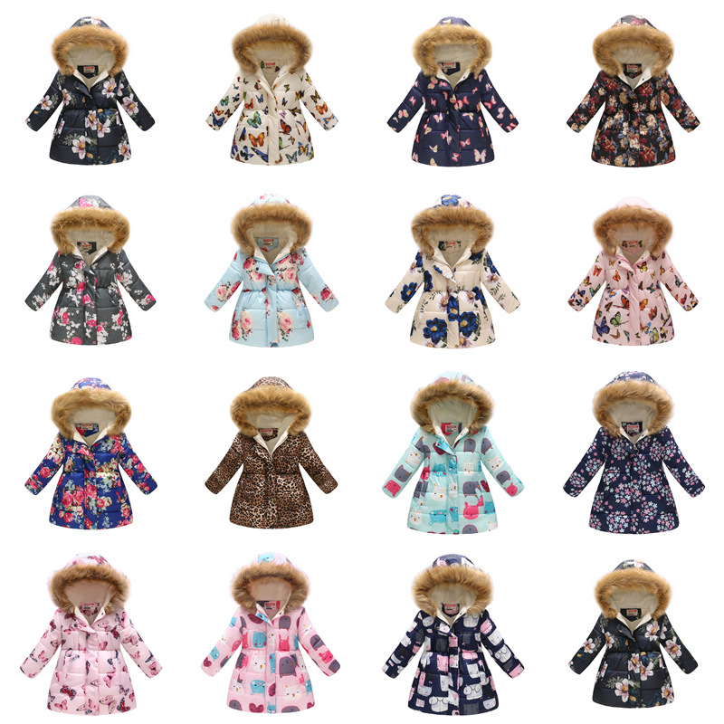 New Children&#039;s Clothing Boys and Girls MultiColor Printing Children&#039;s Long Fur Collar Hooded Cotton Overcoat Cotton Coat