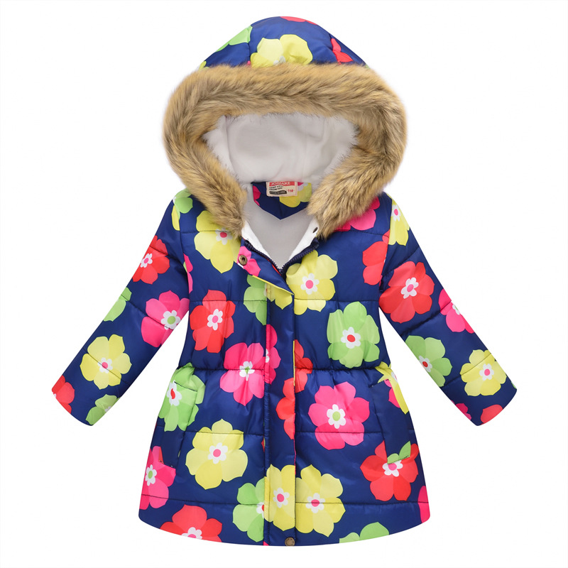New Children&#039;s Clothing Boys and Girls MultiColor Printing Children&#039;s Long Fur Collar Hooded Cotton Overcoat Cotton Coat