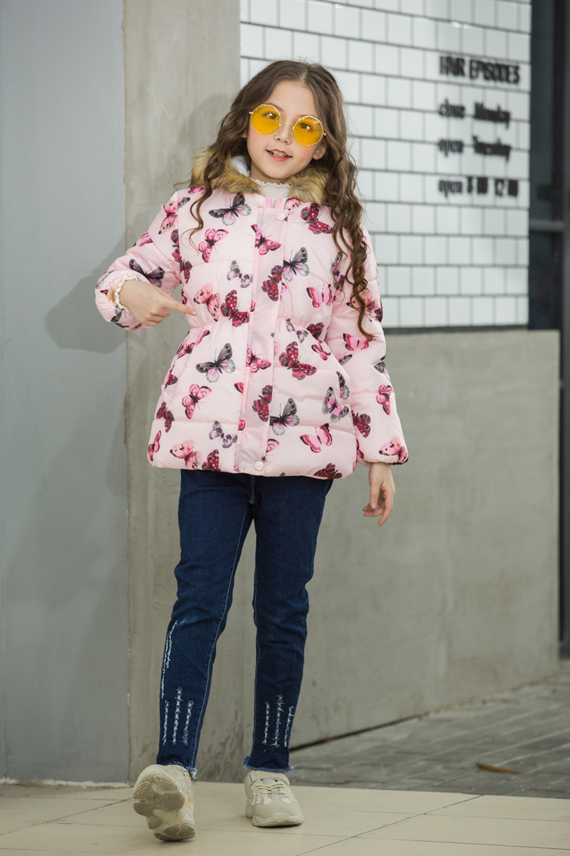 New Children's Clothing Boys and Girls MultiColor Printing Children's Long Fur Collar Hooded Cotton Overcoat Cotton Coat