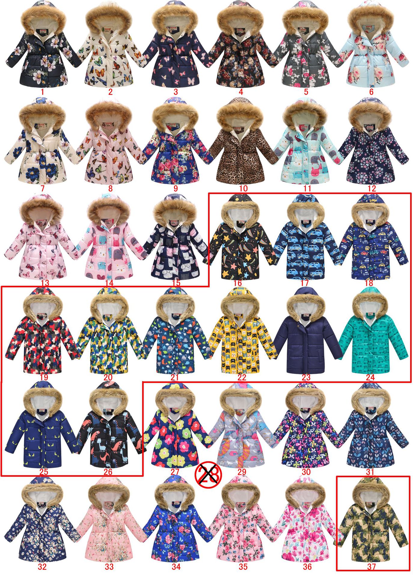 New Children's Clothing Boys and Girls MultiColor Printing Children's Long Fur Collar Hooded Cotton Overcoat Cotton Coat
