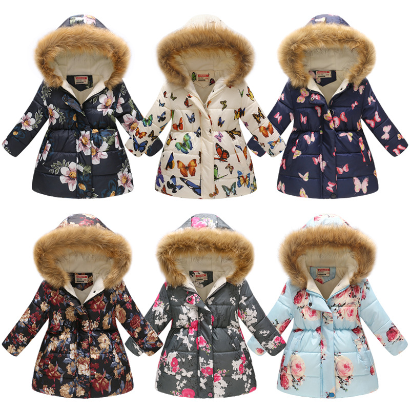 New Children's Clothing Boys and Girls MultiColor Printing Children's Long Fur Collar Hooded Cotton Overcoat Cotton Coat