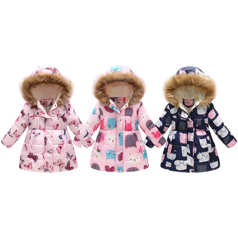New Children's Clothing Boys and Girls MultiColor Printing Children's Long Fur Collar Hooded Cotton Overcoat Cotton Coat