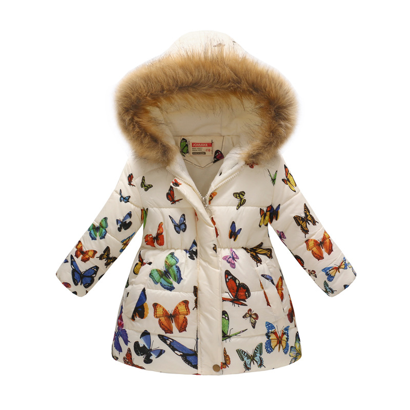 New Children's Clothing Boys and Girls MultiColor Printing Children's Long Fur Collar Hooded Cotton Overcoat Cotton Coat