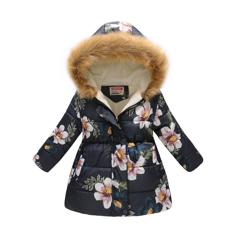 New Children's Clothing Boys and Girls MultiColor Printing Children's Long Fur Collar Hooded Cotton Overcoat Cotton Coat