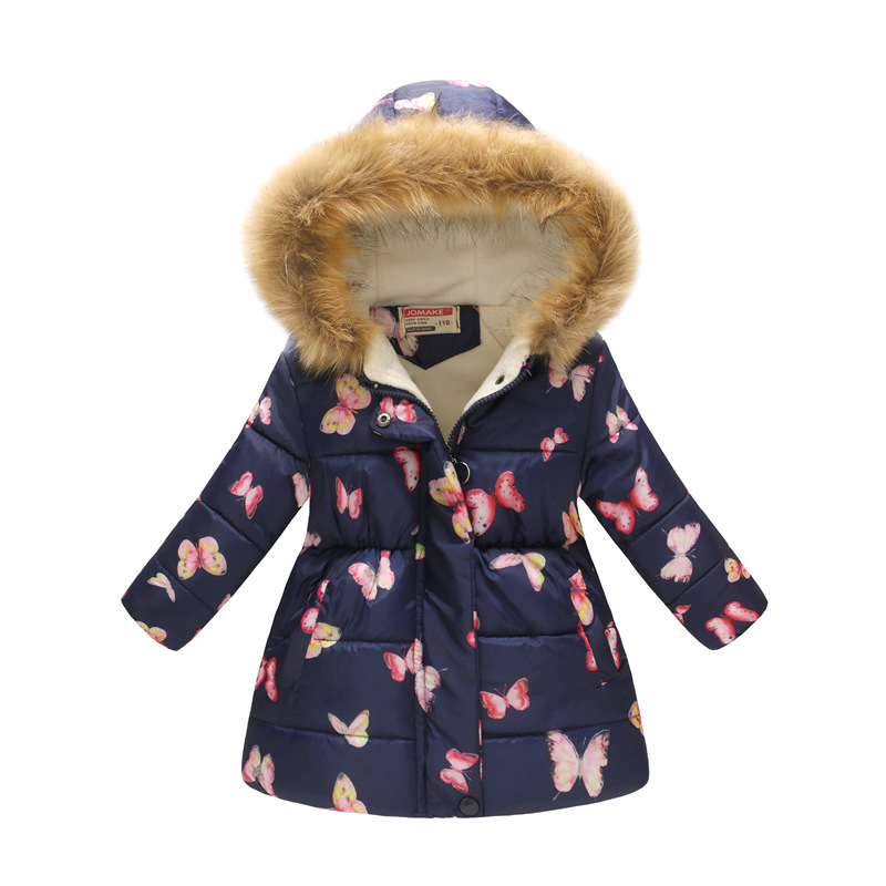 New Children's Clothing Boys and Girls MultiColor Printing Children's Long Fur Collar Hooded Cotton Overcoat Cotton Coat