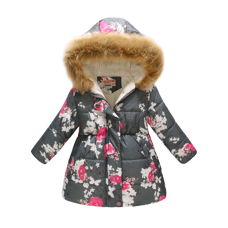 New Children's Clothing Boys and Girls MultiColor Printing Children's Long Fur Collar Hooded Cotton Overcoat Cotton Coat