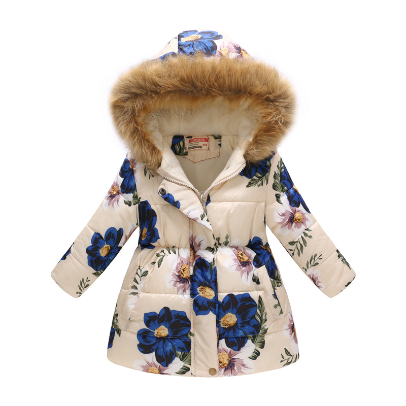 New Children's Clothing Boys and Girls MultiColor Printing Children's Long Fur Collar Hooded Cotton Overcoat Cotton Coat
