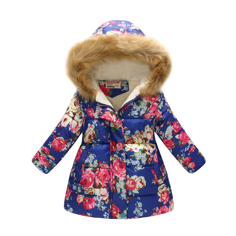 New Children's Clothing Boys and Girls MultiColor Printing Children's Long Fur Collar Hooded Cotton Overcoat Cotton Coat