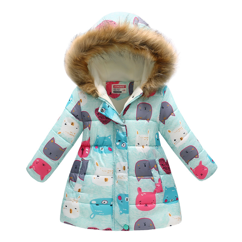 New Children's Clothing Boys and Girls MultiColor Printing Children's Long Fur Collar Hooded Cotton Overcoat Cotton Coat