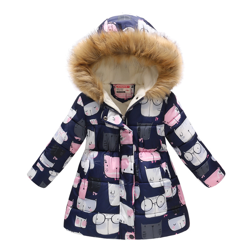 New Children's Clothing Boys and Girls MultiColor Printing Children's Long Fur Collar Hooded Cotton Overcoat Cotton Coat