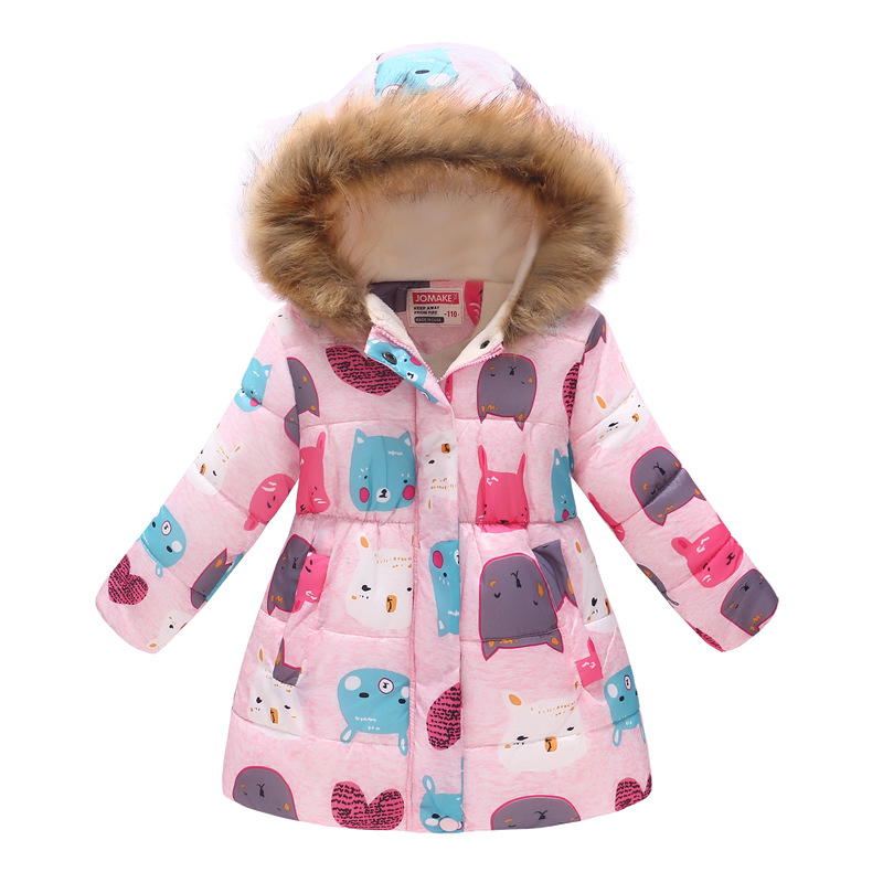 New Children's Clothing Boys and Girls MultiColor Printing Children's Long Fur Collar Hooded Cotton Overcoat Cotton Coat