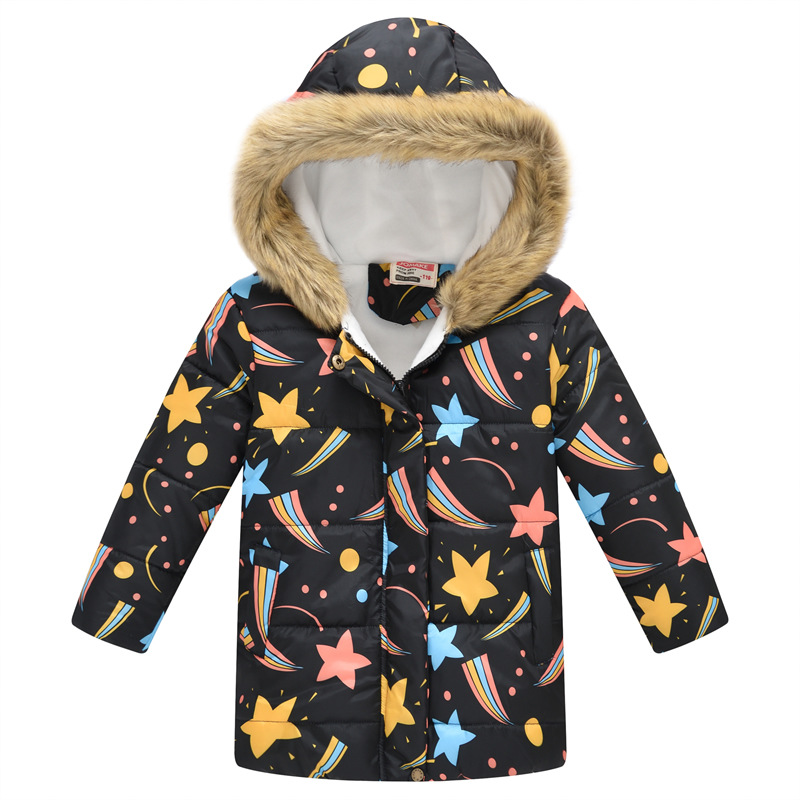 New Children's Clothing Boys and Girls MultiColor Printing Children's Long Fur Collar Hooded Cotton Overcoat Cotton Coat