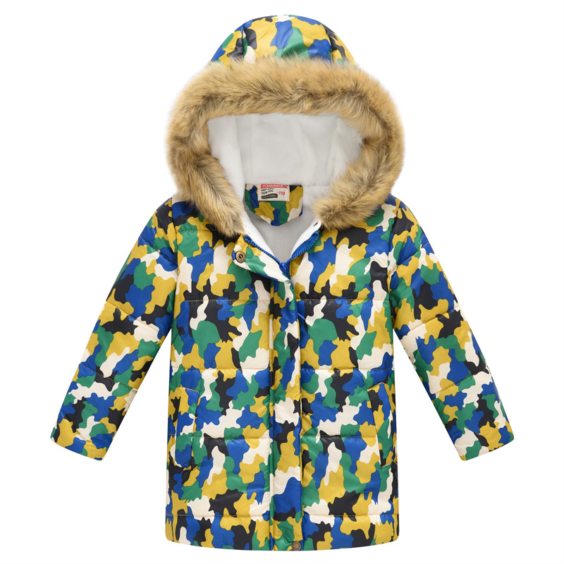 New Children's Clothing Boys and Girls MultiColor Printing Children's Long Fur Collar Hooded Cotton Overcoat Cotton Coat