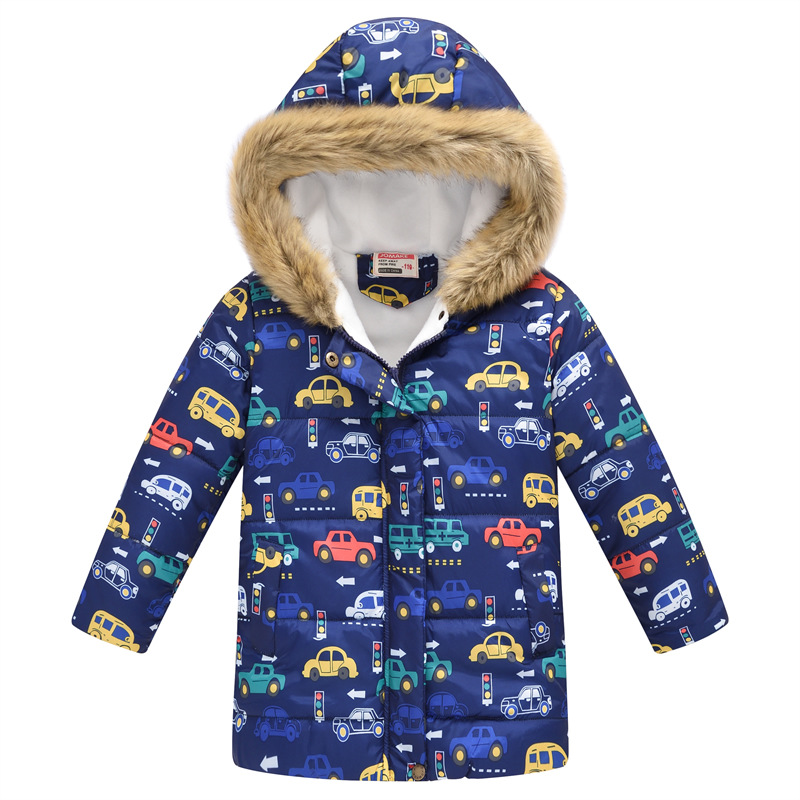 New Children's Clothing Boys and Girls MultiColor Printing Children's Long Fur Collar Hooded Cotton Overcoat Cotton Coat