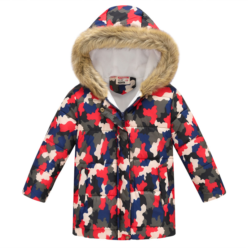New Children's Clothing Boys and Girls MultiColor Printing Children's Long Fur Collar Hooded Cotton Overcoat Cotton Coat