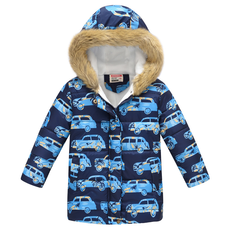 New Children's Clothing Boys and Girls MultiColor Printing Children's Long Fur Collar Hooded Cotton Overcoat Cotton Coat