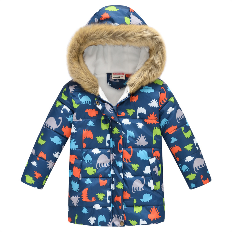New Children's Clothing Boys and Girls MultiColor Printing Children's Long Fur Collar Hooded Cotton Overcoat Cotton Coat