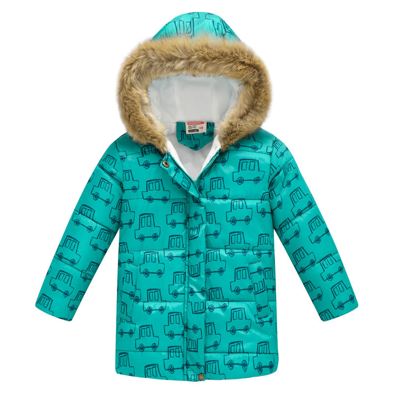 New Children's Clothing Boys and Girls MultiColor Printing Children's Long Fur Collar Hooded Cotton Overcoat Cotton Coat