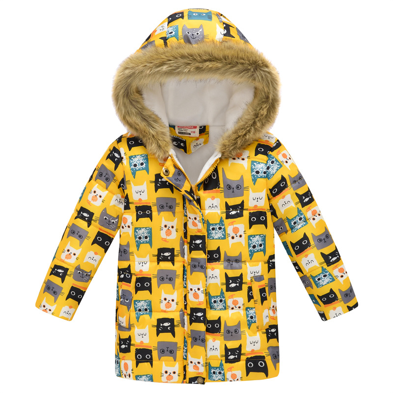 New Children's Clothing Boys and Girls MultiColor Printing Children's Long Fur Collar Hooded Cotton Overcoat Cotton Coat