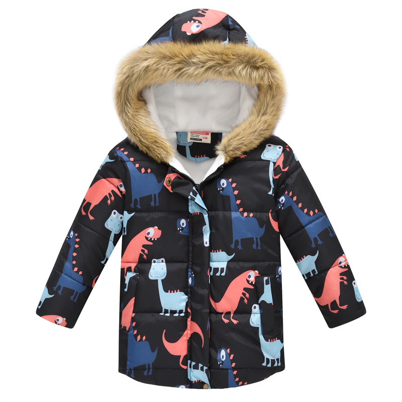 New Children's Clothing Boys and Girls MultiColor Printing Children's Long Fur Collar Hooded Cotton Overcoat Cotton Coat