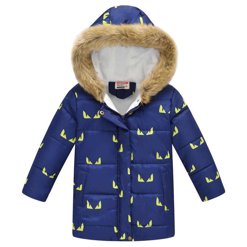 New Children's Clothing Boys and Girls MultiColor Printing Children's Long Fur Collar Hooded Cotton Overcoat Cotton Coat