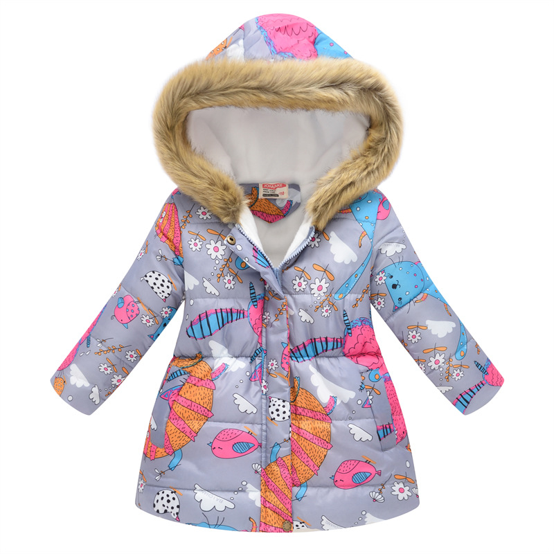New Children's Clothing Boys and Girls MultiColor Printing Children's Long Fur Collar Hooded Cotton Overcoat Cotton Coat