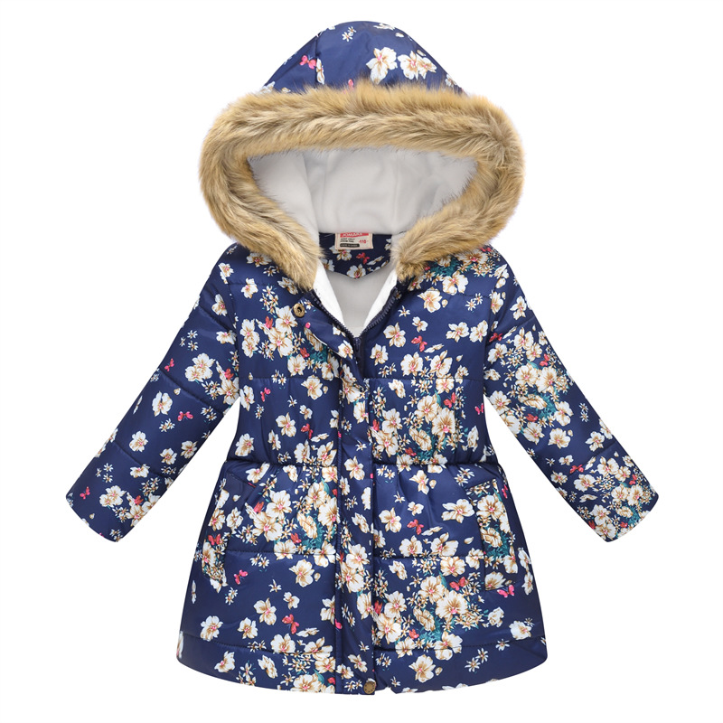 New Children's Clothing Boys and Girls MultiColor Printing Children's Long Fur Collar Hooded Cotton Overcoat Cotton Coat