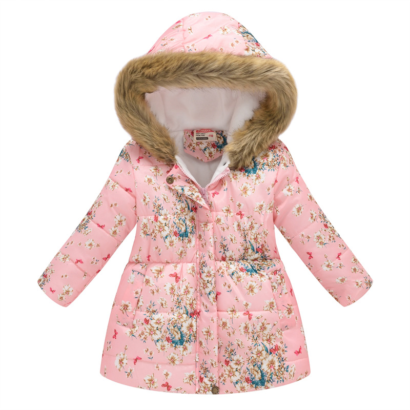 New Children's Clothing Boys and Girls MultiColor Printing Children's Long Fur Collar Hooded Cotton Overcoat Cotton Coat