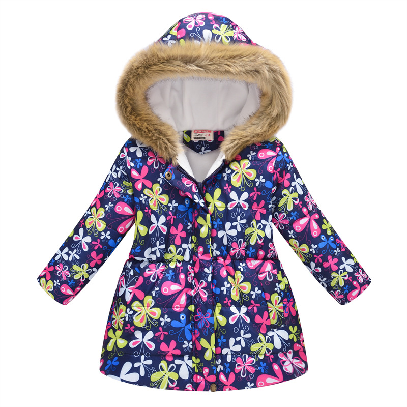 New Children's Clothing Boys and Girls MultiColor Printing Children's Long Fur Collar Hooded Cotton Overcoat Cotton Coat
