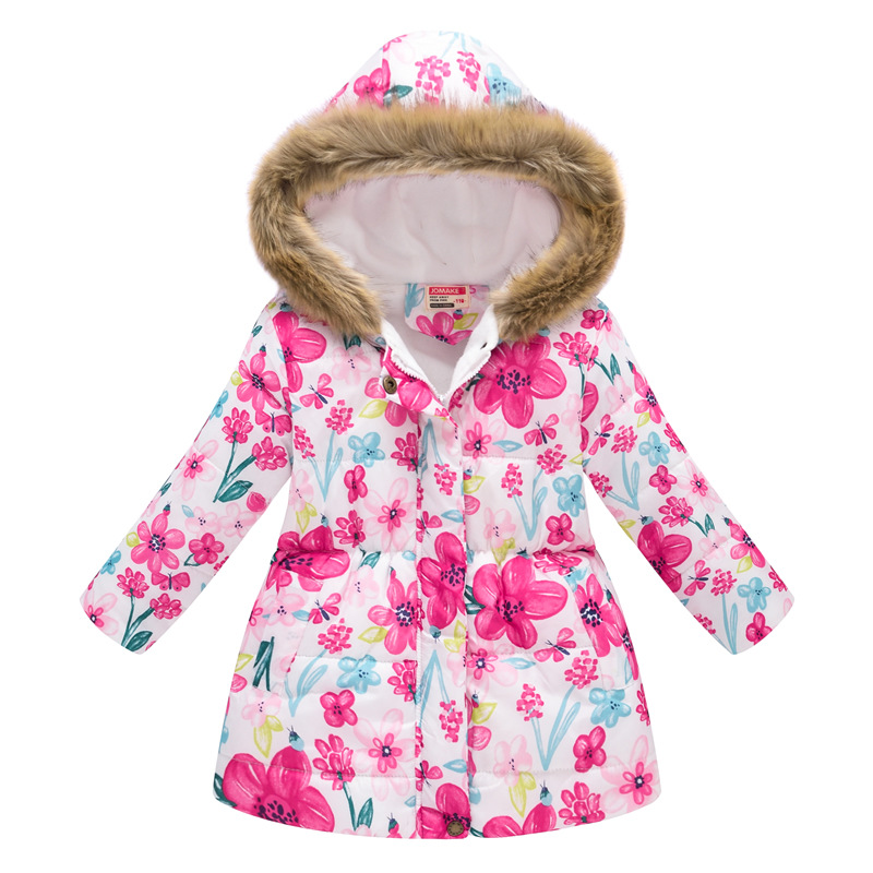 New Children's Clothing Boys and Girls MultiColor Printing Children's Long Fur Collar Hooded Cotton Overcoat Cotton Coat