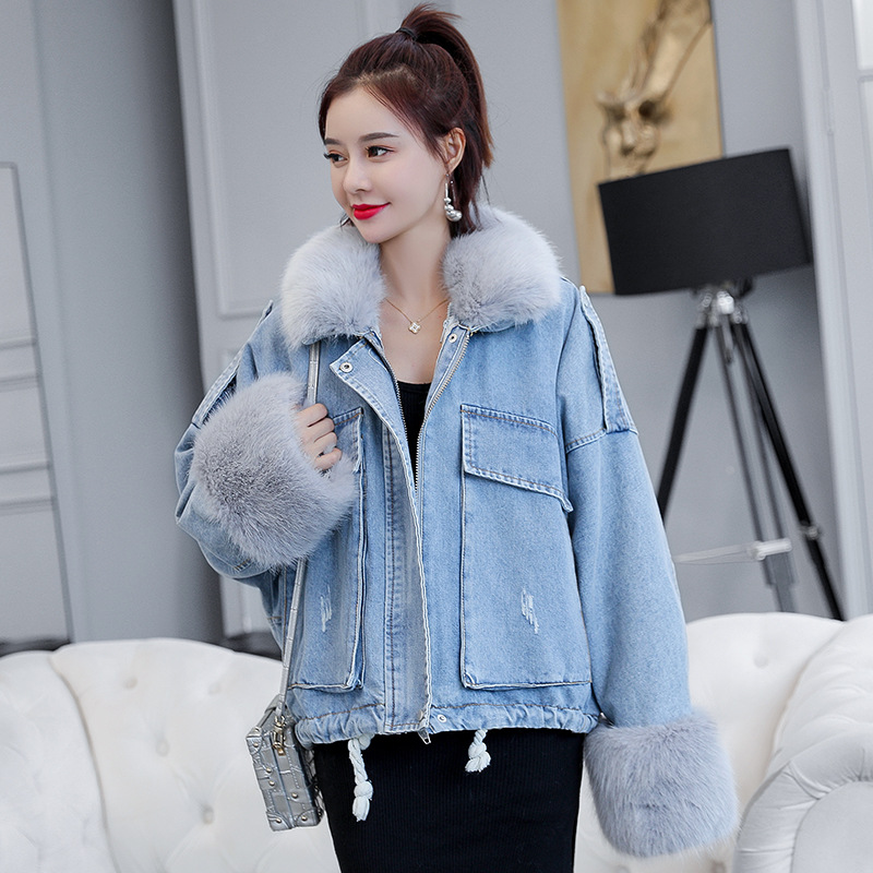 2020 loose denim splicing oversize fur collar with fleece padded jacket pocket short style cotton padded jacket female