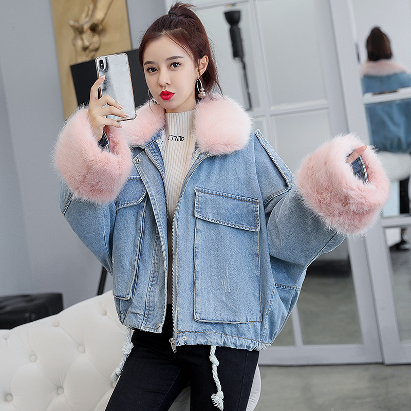 2020 loose denim splicing oversize fur collar with fleece padded jacket pocket short style cotton padded jacket female