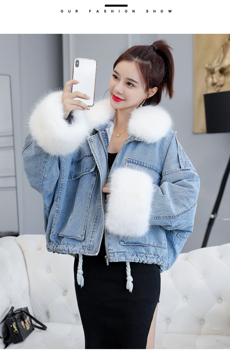 2020 loose denim splicing oversize fur collar with fleece padded jacket pocket short style cotton padded jacket female
