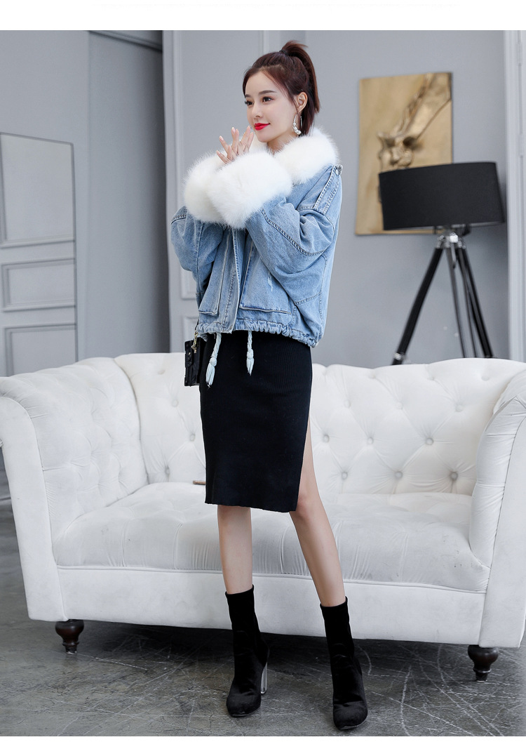 2020 loose denim splicing oversize fur collar with fleece padded jacket pocket short style cotton padded jacket female