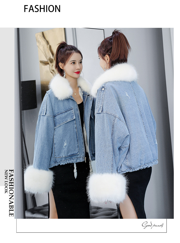 2020 loose denim splicing oversize fur collar with fleece padded jacket pocket short style cotton padded jacket female