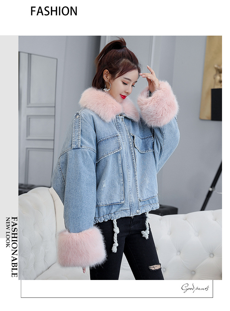 2020 loose denim splicing oversize fur collar with fleece padded jacket pocket short style cotton padded jacket female