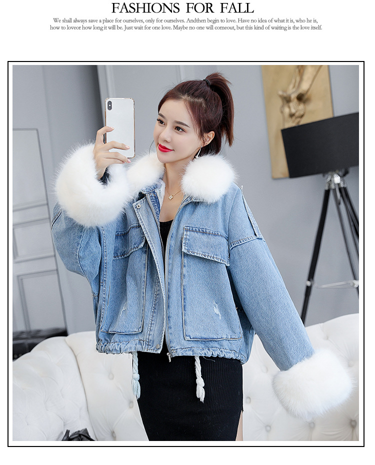 2020 loose denim splicing oversize fur collar with fleece padded jacket pocket short style cotton padded jacket female