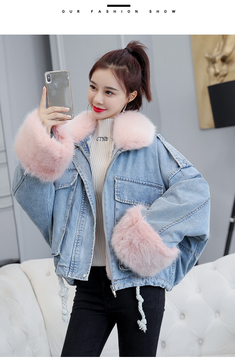 2020 loose denim splicing oversize fur collar with fleece padded jacket pocket short style cotton padded jacket female