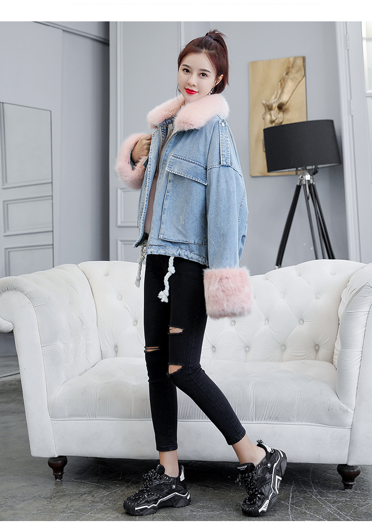 2020 loose denim splicing oversize fur collar with fleece padded jacket pocket short style cotton padded jacket female