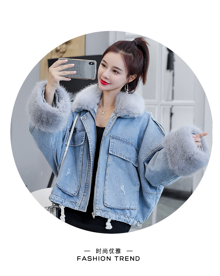 2020 loose denim splicing oversize fur collar with fleece padded jacket pocket short style cotton padded jacket female