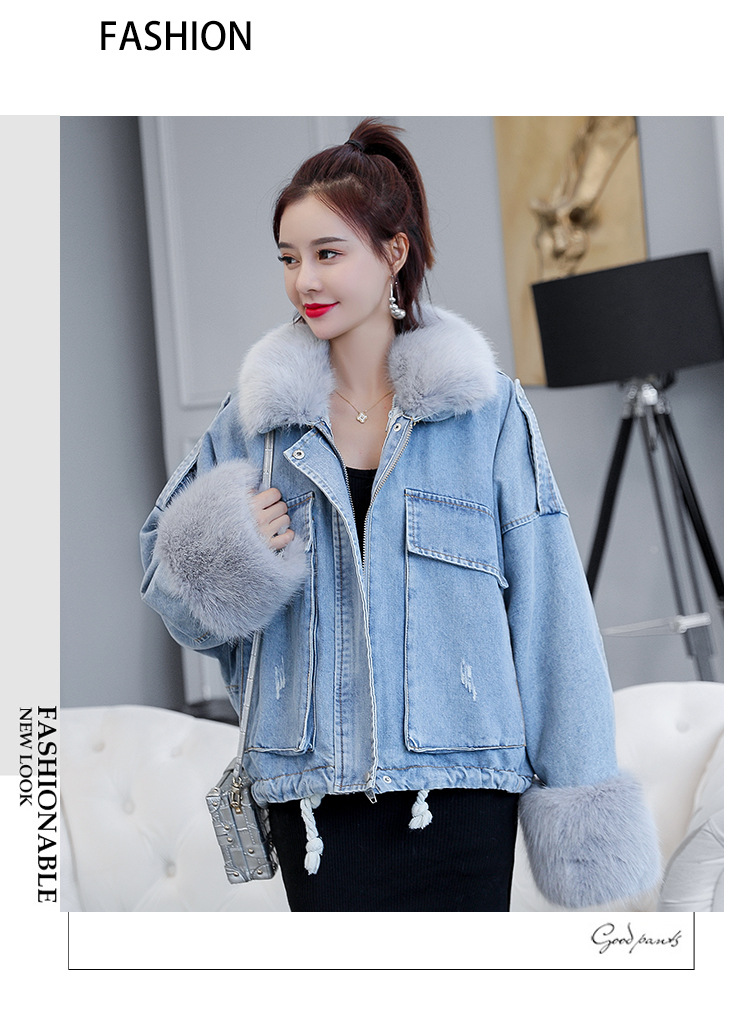 2020 loose denim splicing oversize fur collar with fleece padded jacket pocket short style cotton padded jacket female