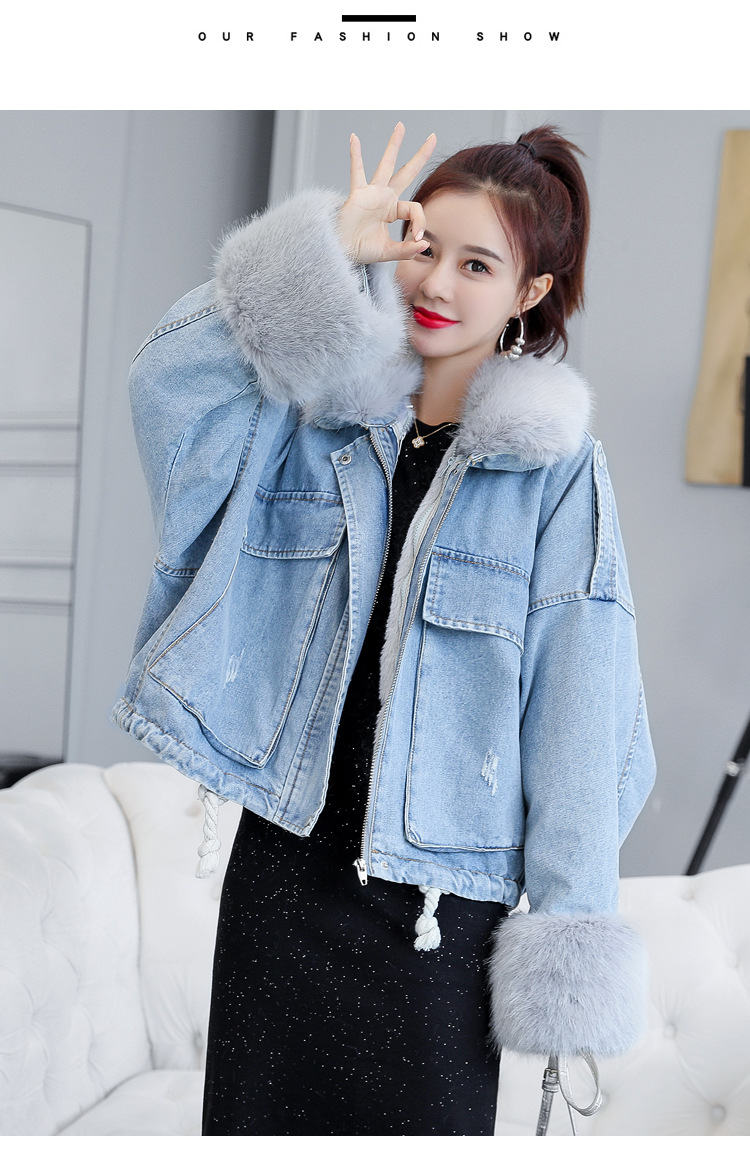 2020 loose denim splicing oversize fur collar with fleece padded jacket pocket short style cotton padded jacket female