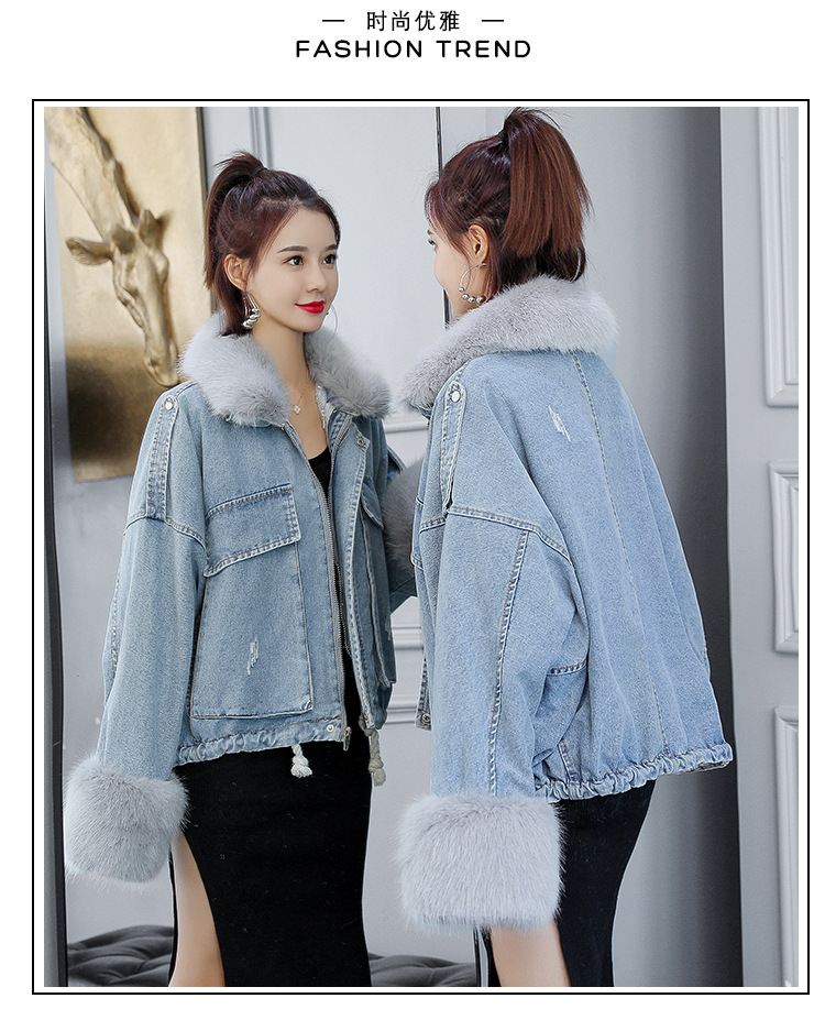 2020 loose denim splicing oversize fur collar with fleece padded jacket pocket short style cotton padded jacket female