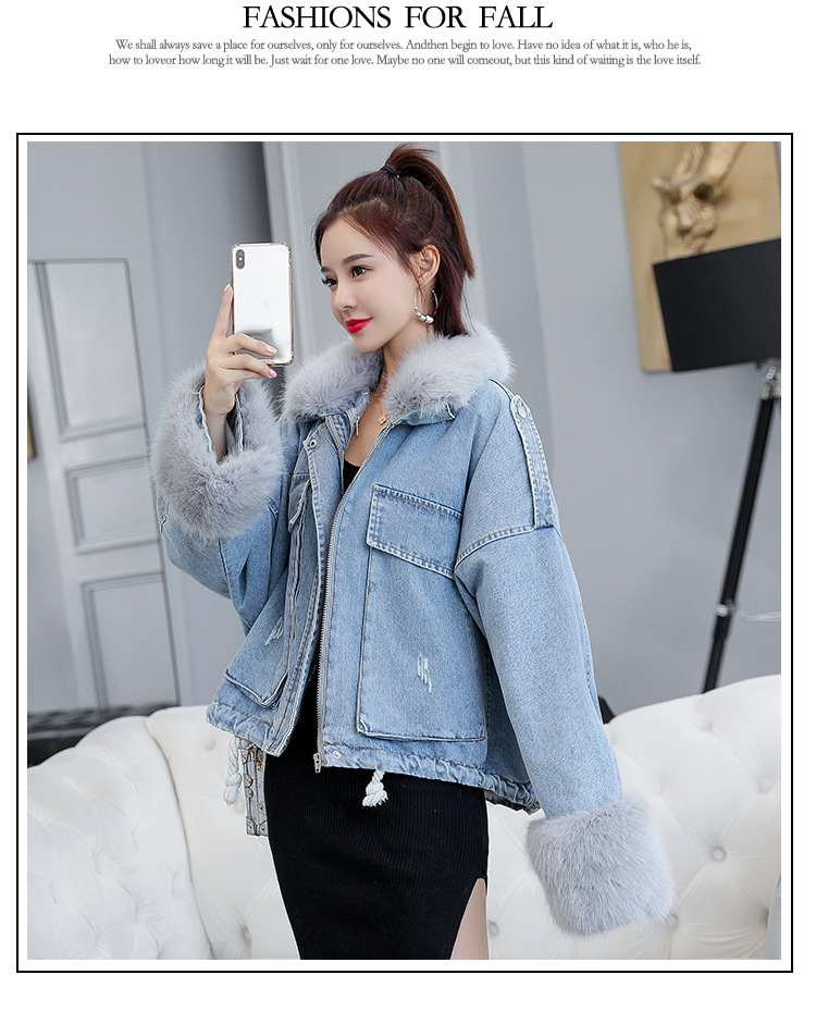 2020 loose denim splicing oversize fur collar with fleece padded jacket pocket short style cotton padded jacket female