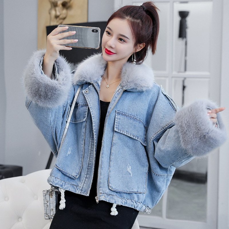 of loose and thickened plush liner with large fur collar cowboy extension over women &#039;s cotton padded coat short coat