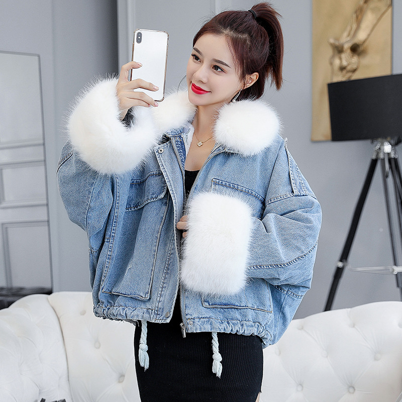 of loose and thickened plush liner with large fur collar cowboy extension over women &#039;s cotton padded coat short coat