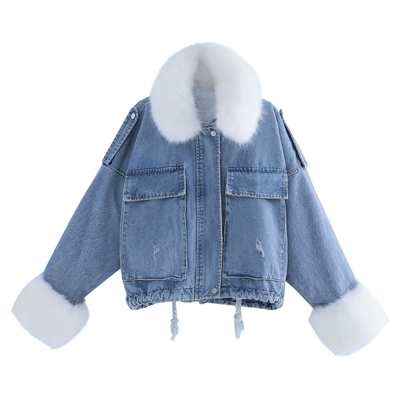 of loose and thickened plush liner with large fur collar cowboy extension over women &#039;s cotton padded coat short coat