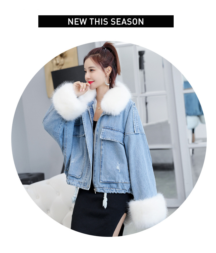 of loose and thickened plush liner with large fur collar cowboy extension over women 's cotton padded coat short coat