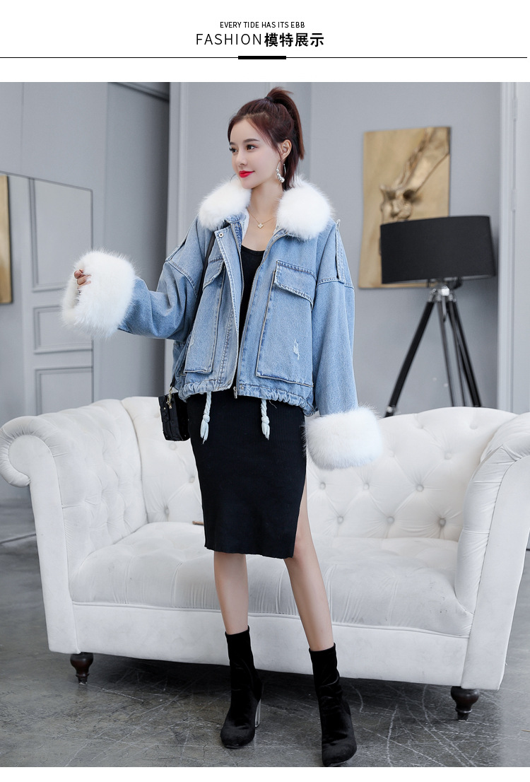 of loose and thickened plush liner with large fur collar cowboy extension over women 's cotton padded coat short coat