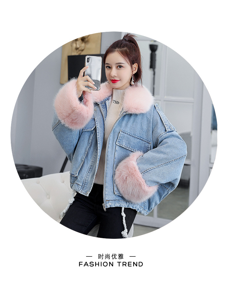 of loose and thickened plush liner with large fur collar cowboy extension over women 's cotton padded coat short coat